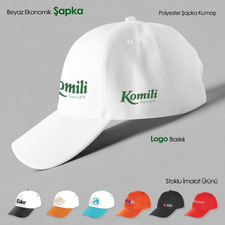 Beyaz 5 Panel Cırt Ayarlı Logo Baskılı Promosyon Şapka